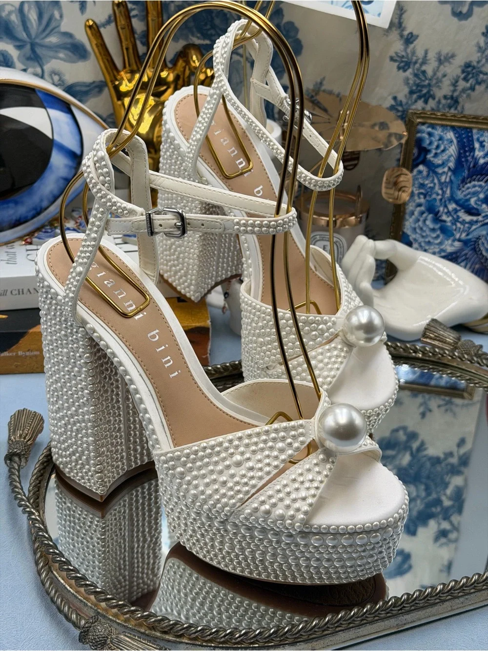 🆕 GIANNI BINI 🧿 NWOB KemaraTwo Embellished Pearl Studded Platform Sandal Sz 7